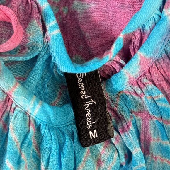 Sacred Threads Dress Women Medium Cold Shoulder Tie Dye Rayon Tunic Coverup Boho - Picture 8 of 11
